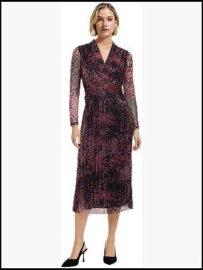 Long Sleeve Twist Front Midi Dress with Metallic Accents